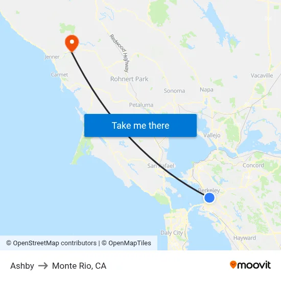 Ashby to Monte Rio, CA map