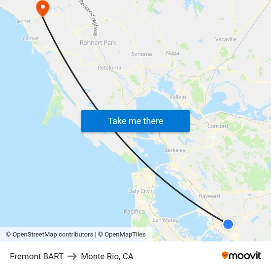 Fremont BART to Monte Rio, CA map