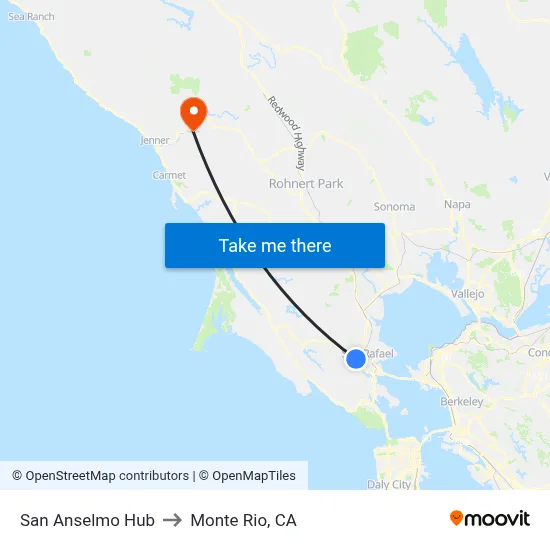 San Anselmo Hub to Monte Rio, CA map