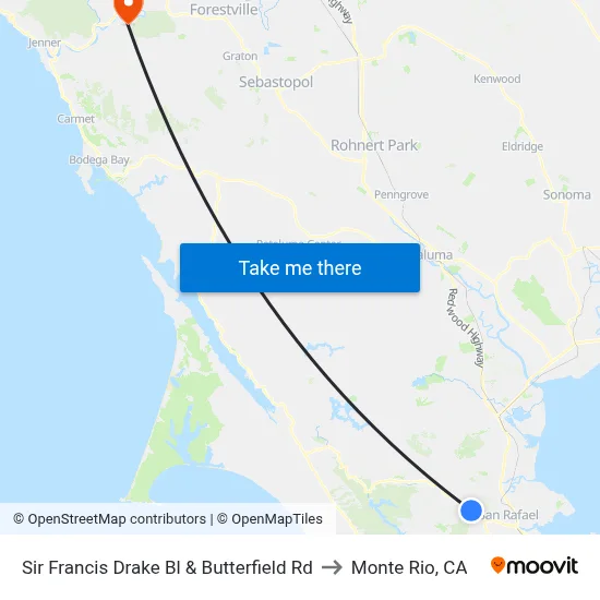 Sir Francis Drake Bl & Butterfield Rd to Monte Rio, CA map