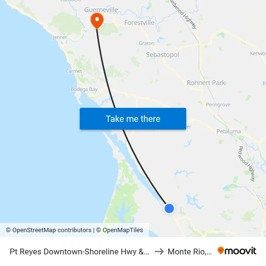 Pt Reyes Downtown-Shoreline Hwy & 3rd St to Monte Rio, CA map