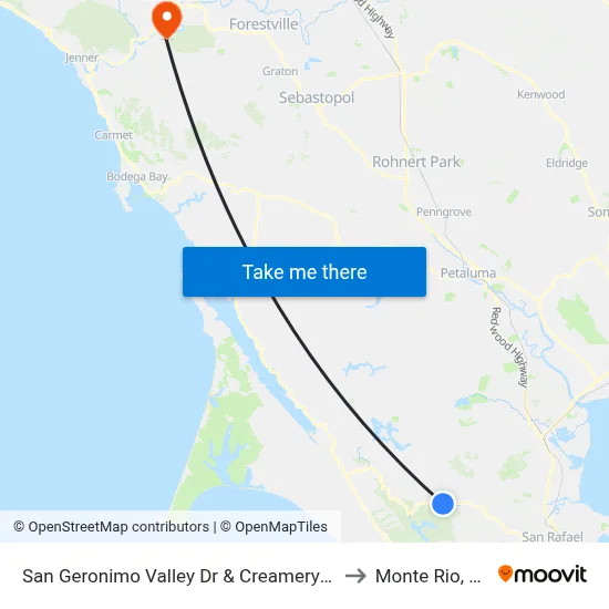 San Geronimo Valley Dr & Creamery Rd to Monte Rio, CA map