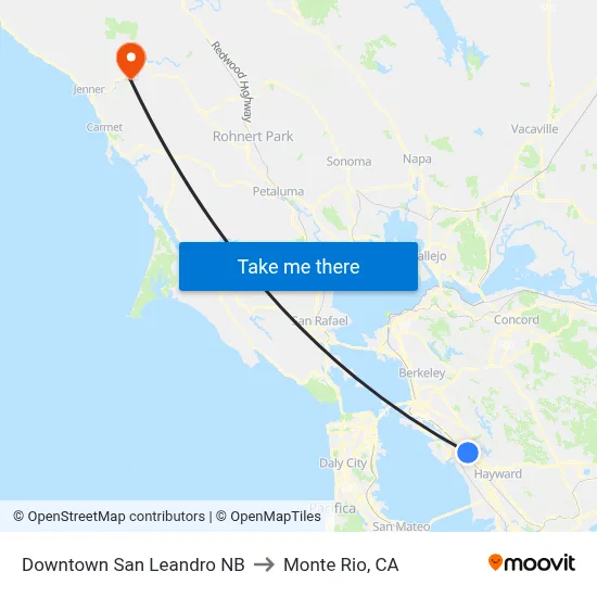 Downtown San Leandro NB to Monte Rio, CA map