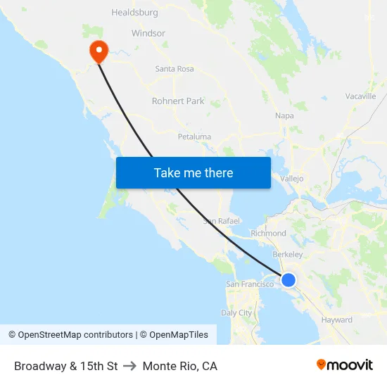 Broadway & 15th St to Monte Rio, CA map