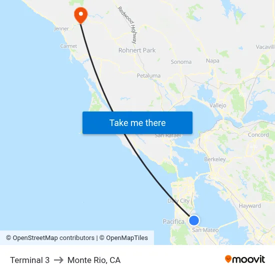 Terminal 3 to Monte Rio, CA map