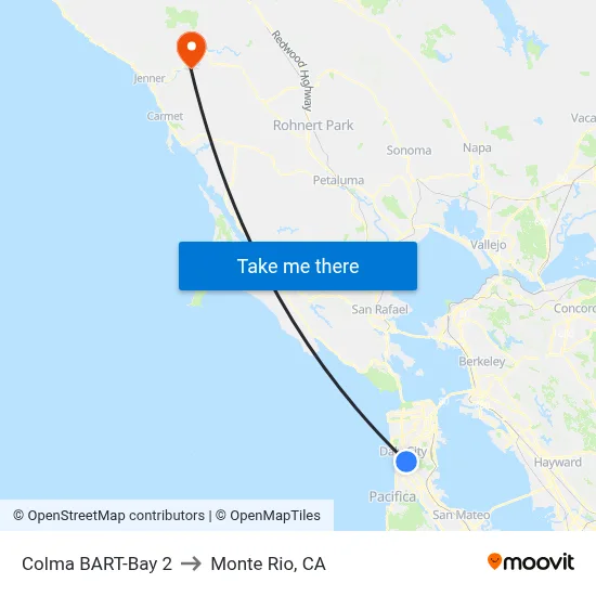 Colma BART-Bay 2 to Monte Rio, CA map