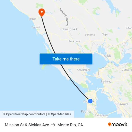 Mission St & Sickles Ave to Monte Rio, CA map