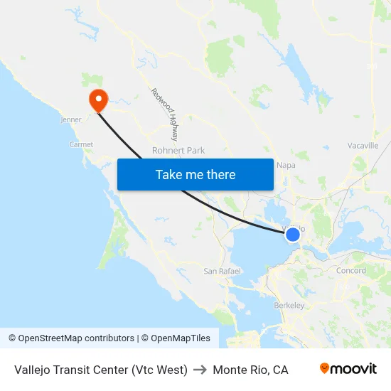 Vallejo Transit Center (Vtc West) to Monte Rio, CA map