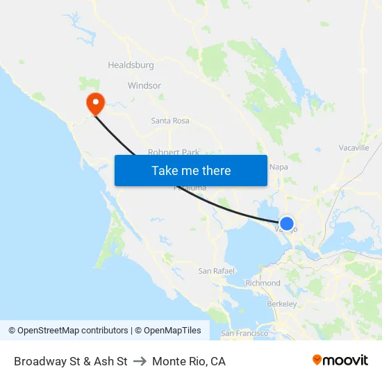 Broadway St & Ash St to Monte Rio, CA map