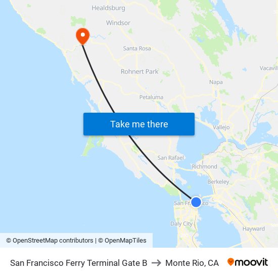 San Francisco Ferry Terminal Gate B to Monte Rio, CA map