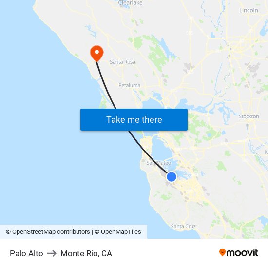 Palo Alto to Monte Rio, CA map