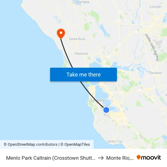 Menlo Park Caltrain (Crosstown Shuttle Stop) to Monte Rio, CA map
