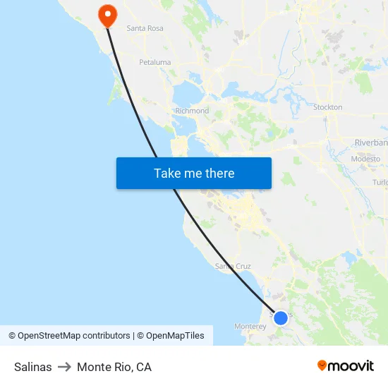 Salinas to Monte Rio, CA map