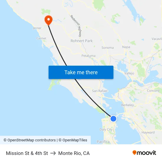 Mission St & 4th St to Monte Rio, CA map