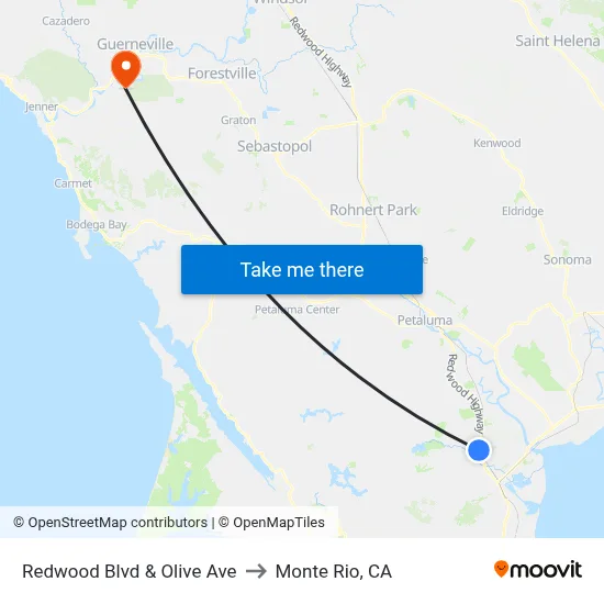 Redwood Blvd & Olive Ave to Monte Rio, CA map