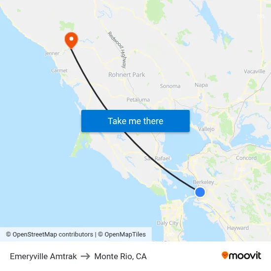 Emeryville Amtrak to Monte Rio, CA map
