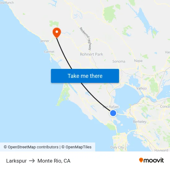 Larkspur to Monte Rio, CA map