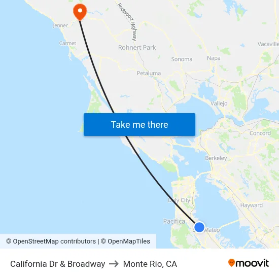 California Dr & Broadway to Monte Rio, CA map