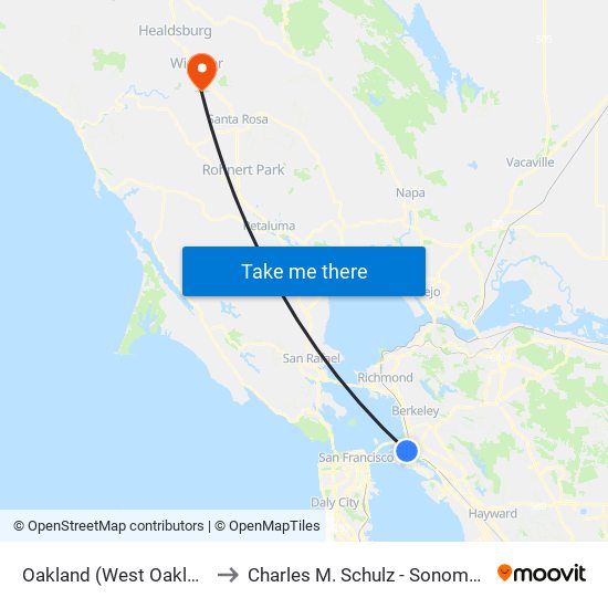 Oakland (West Oakland BART Station) to Charles M. Schulz - Sonoma County Airport (STS) map