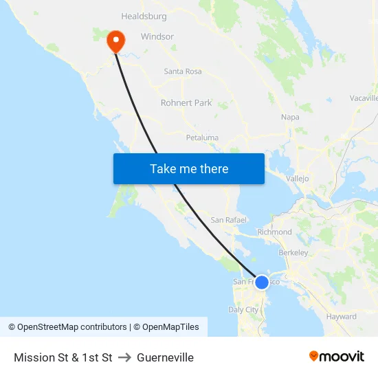 Mission St & 1st St to Guerneville map