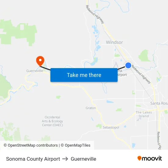 Sonoma County Airport to Guerneville map
