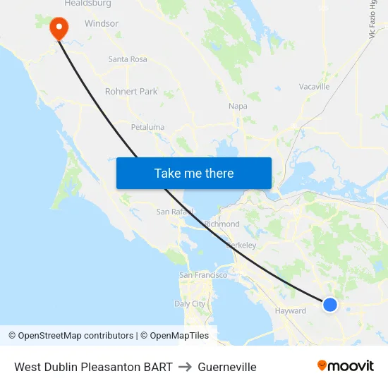 West Dublin/Pleasanton BART to Guerneville map