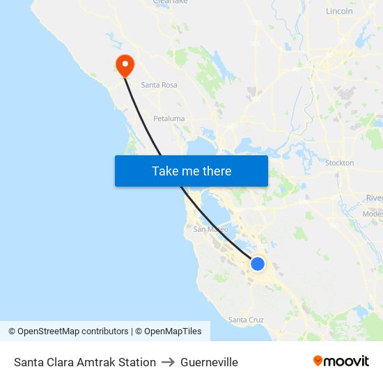 Santa Clara Amtrak Station to Guerneville map