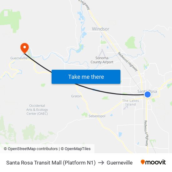 Santa Rosa Transit Mall (Platform N1) to Guerneville map