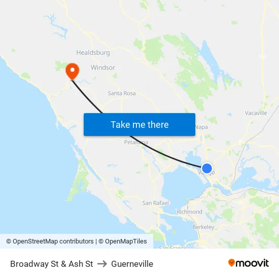 Broadway St & Ash St to Guerneville map