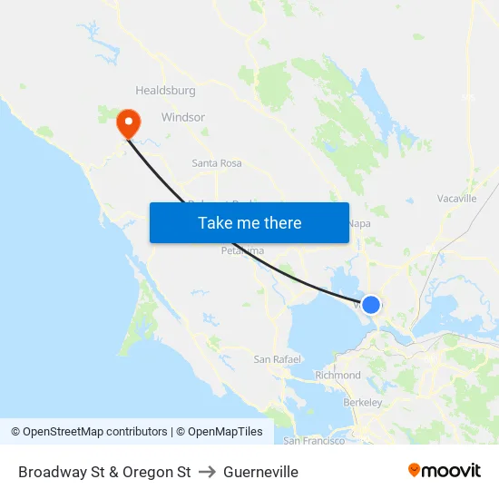 Broadway St & Oregon St to Guerneville map