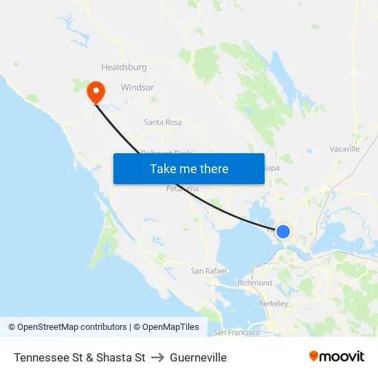 Tennessee St & Shasta St to Guerneville map