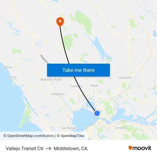 Vallejo Transit Ctr to Middletown, CA map
