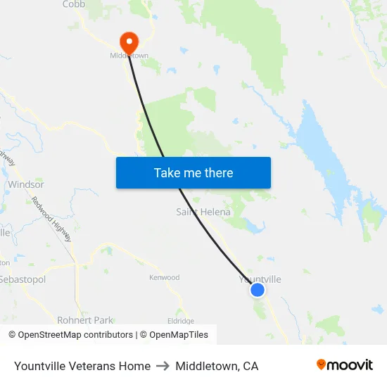 Yountville Veterans Home to Middletown, CA map
