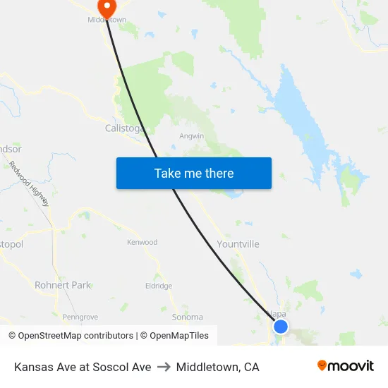Kansas Ave at Soscol Ave to Middletown, CA map