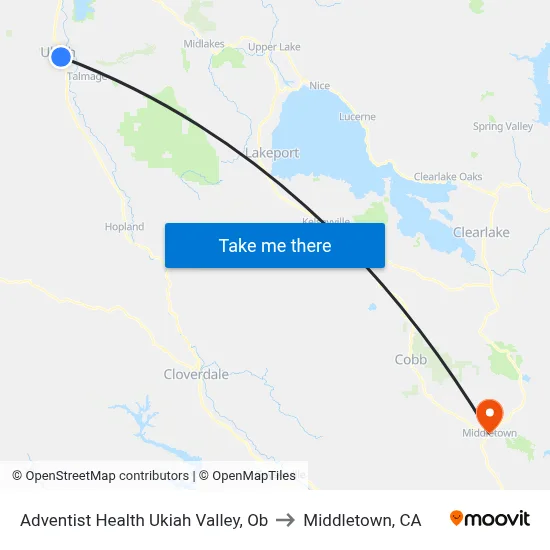 Adventist Health Ukiah Valley, Ob to Middletown, CA map