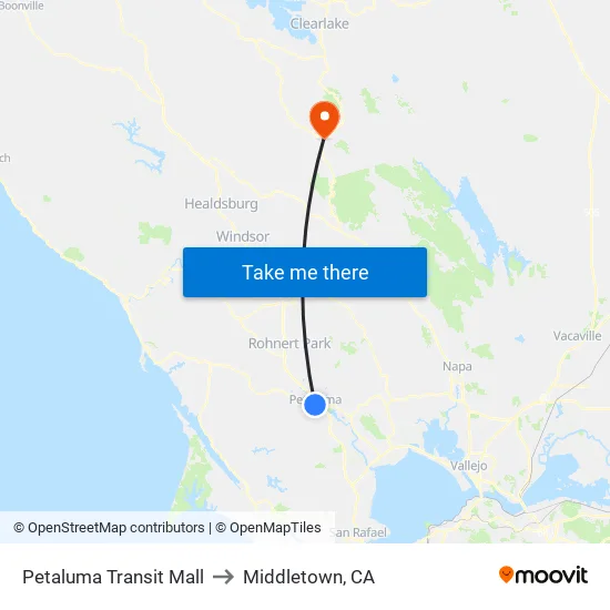 Petaluma Transit Mall to Middletown, CA map