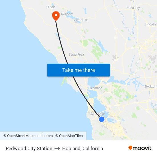 Redwood City Station to Hopland, California map