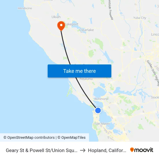 Geary St & Powell St/Union Square to Hopland, California map