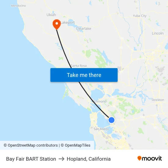 Bay Fair BART Station to Hopland, California map