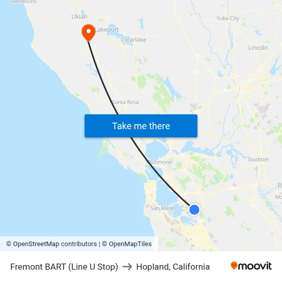 Fremont BART (Line U Stop) to Hopland, California map