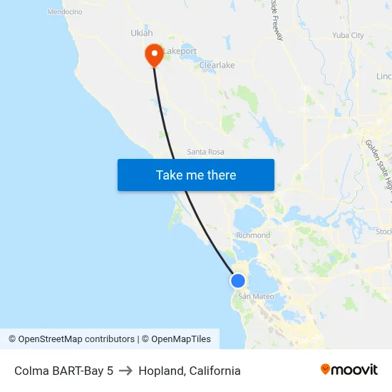 Colma BART-Bay 5 to Hopland, California map