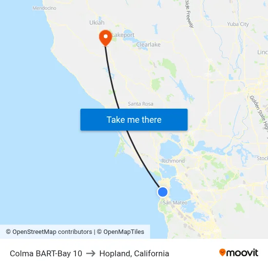 Colma BART-Bay 10 to Hopland, California map