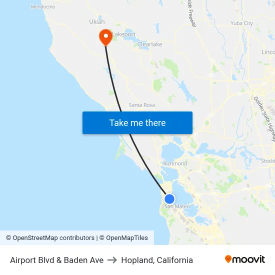 Airport Blvd & Baden Ave to Hopland, California map