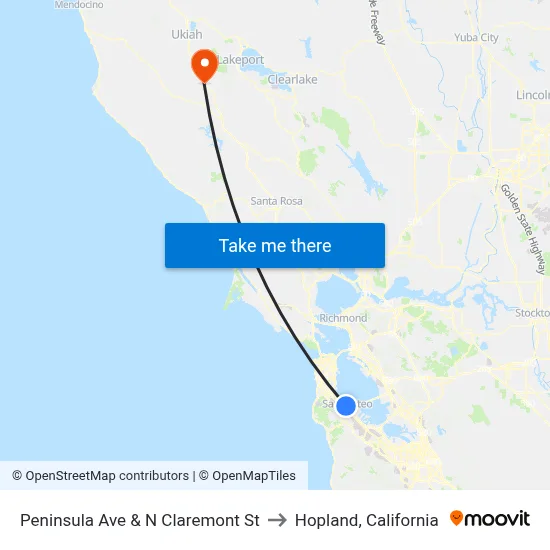 Peninsula Ave & N Claremont St to Hopland, California map