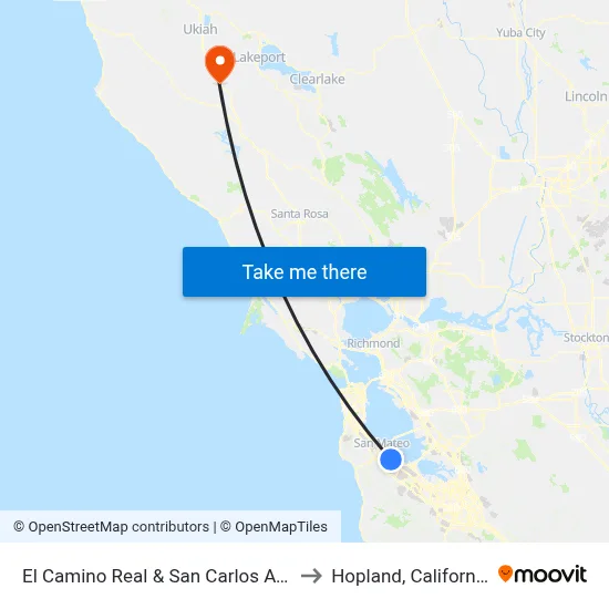 El Camino Real & San Carlos Ave to Hopland, California map