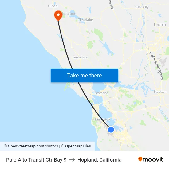 Palo Alto Transit Ctr-Bay 9 to Hopland, California map