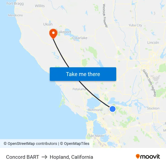Concord BART to Hopland, California map