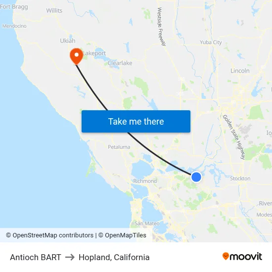 Antioch BART to Hopland, California map
