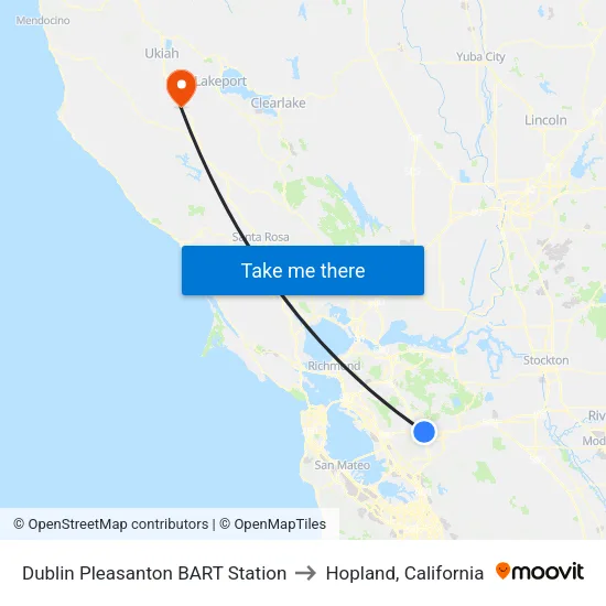 Dublin Pleasanton BART Station to Hopland, California map