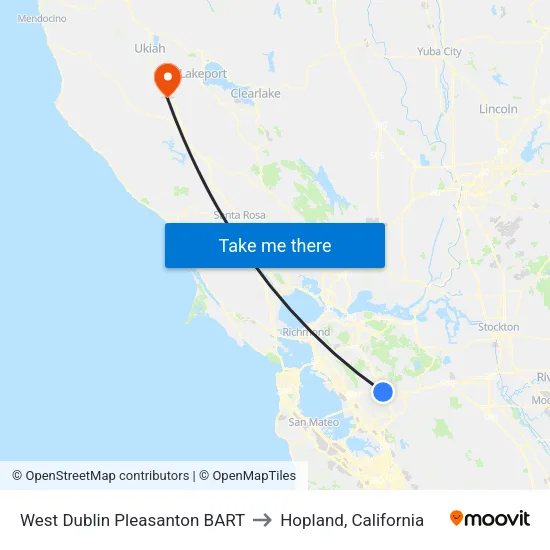 West Dublin/Pleasanton BART to Hopland, California map